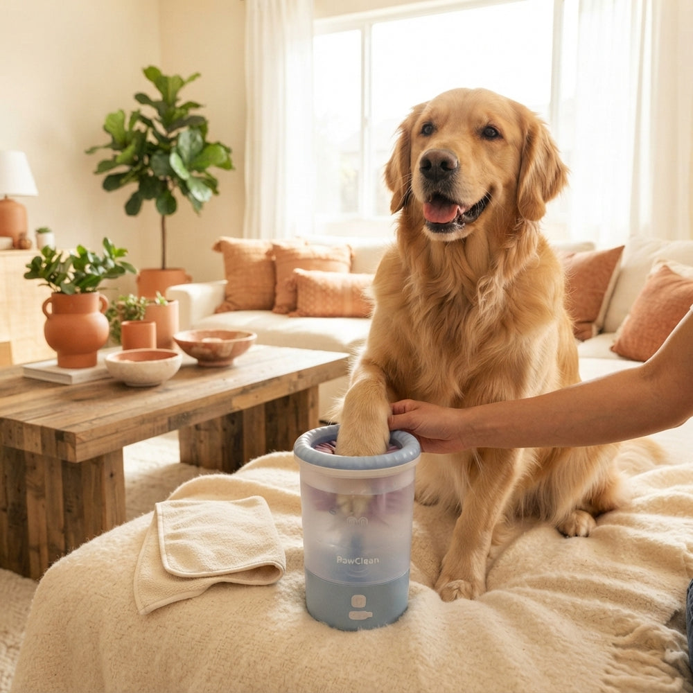 A golden retriever placing its paw into a PawClean Pro automatic paw washer in a cozy, sunlit home setting.