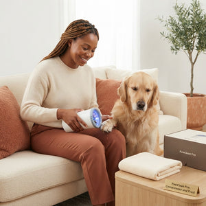 A person cleaning a dog's paw with the PawClean Pro automatic paw washer in a cozy, bright living room.