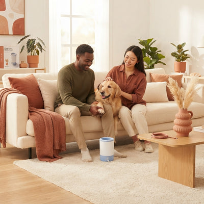 A happy couple using the PawClean Pro automatic paw cleaner on their dog in a cozy, modern living room.