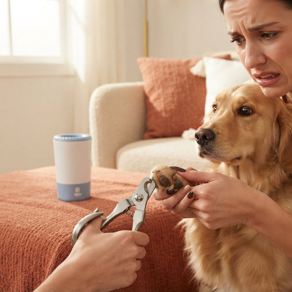 An anxious pet owner holding a dog paw near traditional nail clippers in a modern, warm-toned home setting.